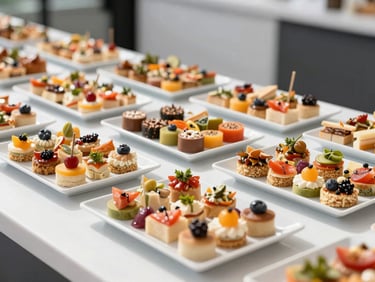 Clean corporate banquet spread with savory finger foods, modern styling, bright daylight.