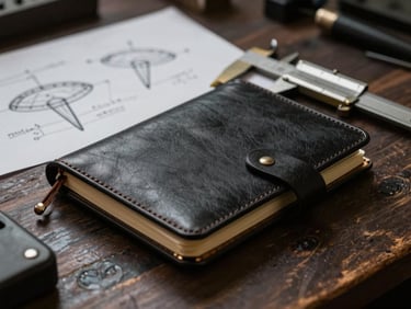 Macro photograph of a black leather notebook open on a dark oak workbench, technical drawings and brass calipers nearby, moody side-lighting, shallow depth of field