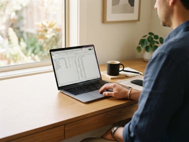 Over-the-shoulder shot of a clean, minimalist wooden desk with a laptop displaying a spreadsheet, warm natural window daylight, 35mm photography