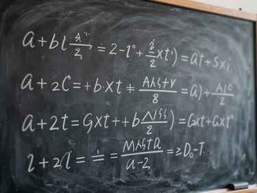 A clean chalkboard covered in handwritten mathematical derivations, soft side lighting, professional educational video frame.