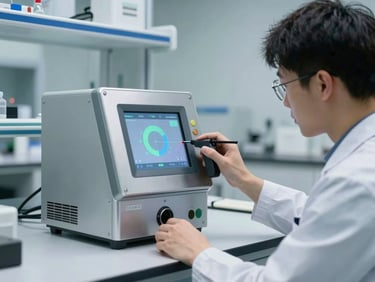 A technician calibrating a sleek metallic environmental monitor inside a clean, minimalist R&D laboratory, cool lighting