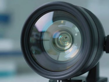 Macro photography of an optical-grade glass dome lens of an environmental monitor, reflecting cool directional laboratory light