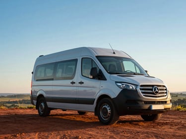 An executive charter van parked near a scenic overlook in Goiás during golden hour, warm inviting atmosphere, professional travel.