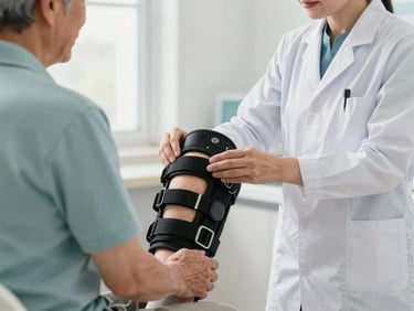 Medium shot of a helpful pharmacist carefully adjusting a high-quality orthopedic knee brace on an elderly patient, bright natural daylight, clean clinical setting.