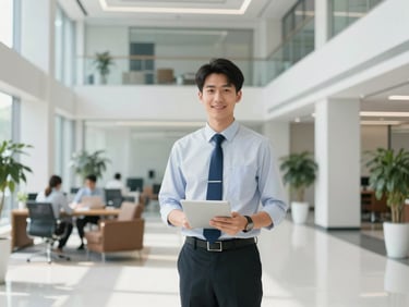 Facility Manager overseeing operations in a modern business office lobby, clean, professional, bright lighting.