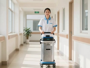 Diligent housekeeping staff member in a bright hospital corridor, pushing a cleaning cart, wearing a clean uniform. Bright natural daylight, professional environmental portrait, sharp focus.