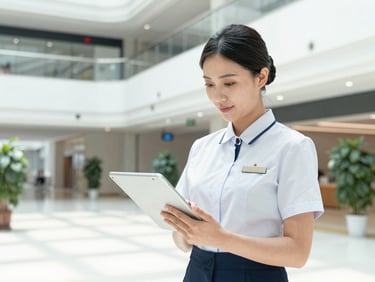 Professional female facility manager in a business mall lobby, checking a digital tablet, clean uniform. Bright natural daylight, professional environmental portrait, sharp focus.