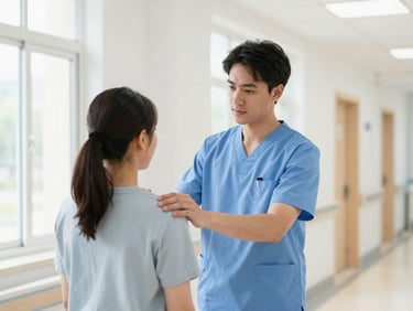 Patient Care Assistant assisting a patient in a bright, clean hospital corridor, professional, natural daylight.