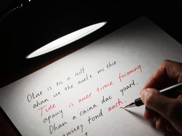 A close-up of hand-written speech edits under a harsh desk lamp, red ink corrections, high-contrast chiaroscuro, 35mm film grain