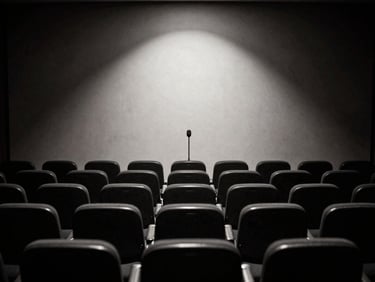 Dramatic environmental wide shot of an empty press conference room, rows of dark empty chairs facing a single microphone under a harsh spotlight, high-contrast chiaroscuro, deep charcoal tones, 35mm film grain.