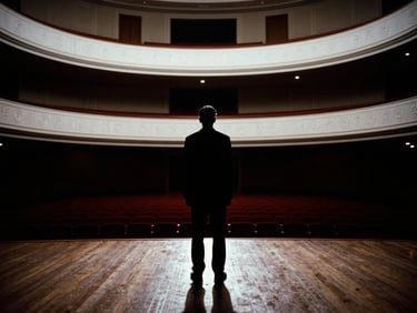 Dramatic silhouette of a speaker standing in the wings of a grand auditorium, high-contrast chiaroscuro lighting, deep shadows, 35mm film grain.
