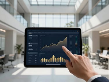 Close-up of a digital tablet displaying a sophisticated financial dashboard, with a professional hand pointing to a growth chart in a sunlit modern office, architectural symmetry, 35mm.