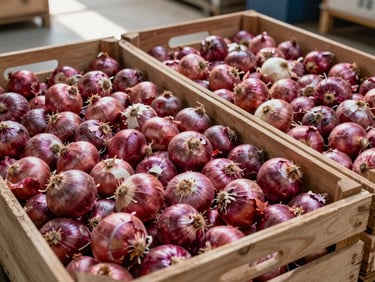 Bulk red onions sorted and arranged in open wooden export crates on a grading floor, natural daylight from warehouse skylights, uniform size and dry outer skin visible