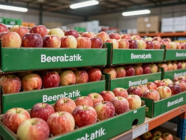 Rows of premium imported apples in branded export cartons on warehouse shelving under clean overhead daylight, uniform red and green coloring, commercial grade clarity