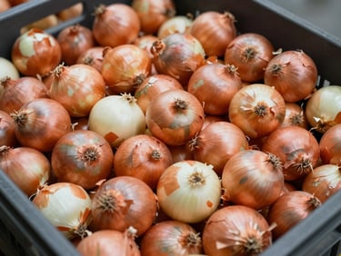 Close-up of sorted export-grade onions in bulk crates under clinical warehouse daylight, uniform size and dry papery skins, no soft lighting, operational clarity