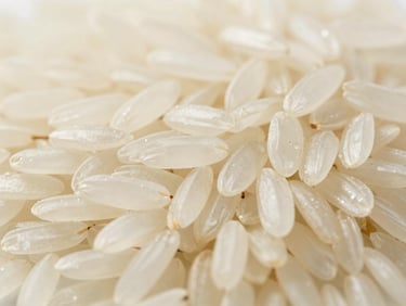 Close-up of sorted long-grain basmati rice kernels spread across a clean surface under neutral studio lighting, uniform grain length and white clarity visible, no background distractions