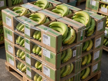 Stacked export cartons of bananas on a packing floor, bright daylight, cartons sealed and labelled for international shipping, uniform green ripeness stage visible