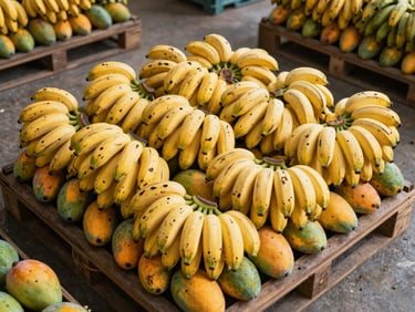 Packed export banana bunches and mango crates on a warehouse loading floor under daylight, uniform ripeness, commercial packaging visible, no lifestyle styling