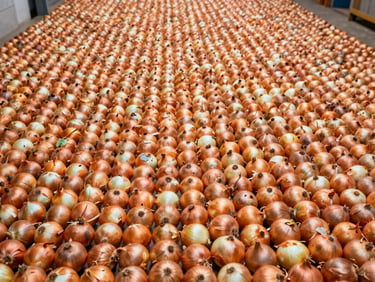 Wide shot of sorted bulk onions spread across a grading floor under clinical daylight, tight rows of uniform golden-brown onions filling the frame edge to edge, no shadows, no warmth — grade-room clarity