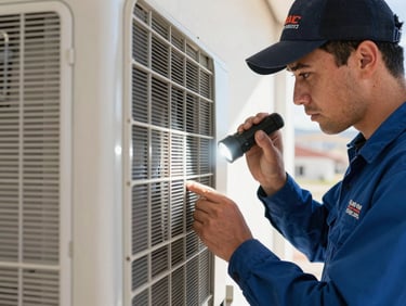 Crisp documentary photo of a Canon City AC Repair Experts technician, in uniform, inspecting an indoor AC unit with a flashlight, focused on the coils, cool utility light.