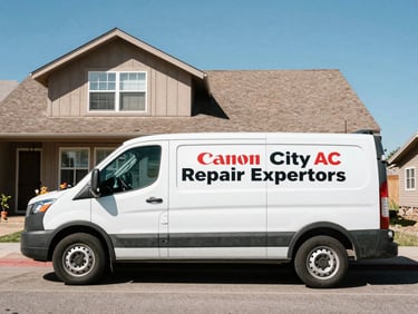 Crisp documentary photo of a Canon City AC Repair Experts service van, clean and branded, parked in front of a typical Cañon City home under bright Colorado midday sunlight.