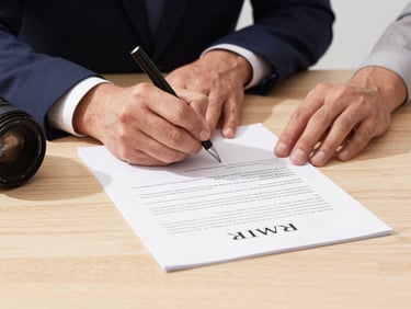 Hands signing a professional PKWT contract document on a clean wooden desk, high contrast