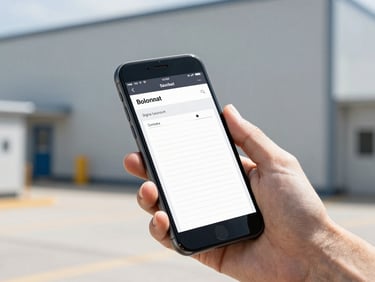 Close-up of a hand holding a smartphone displaying a digital logbook app, sharp focus, clean industrial background