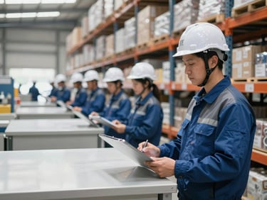 A structured warehouse with organized workers wearing safety helmets, bright natural daylight