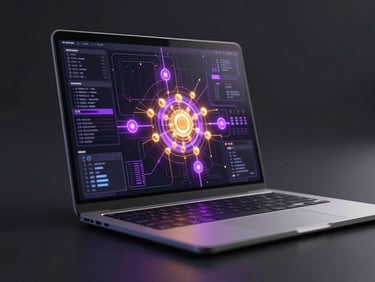 Sleek 3D render of a laptop displaying a complex technical interface with glowing purple and gold nodes, dark obsidian background, cinematic depth of field.
