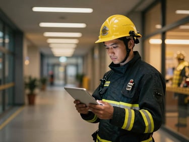 Professional fire safety inspector examining a digital tablet in a modern commercial corridor, warm gold highlights, 35mm