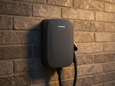 Close-up of a neatly installed domestic EV charger on a modern brick wall, warm ambient lighting, 35mm