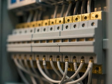 Macro close-up of a neatly wired commercial electrical distribution board, warm brass highlights, clean organized cables, shallow depth of field