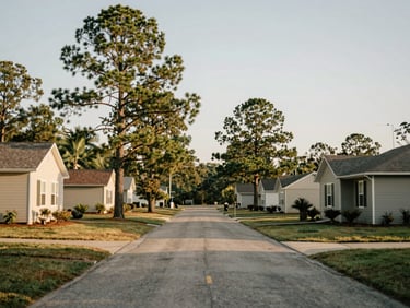 Wide environmental shot of a quiet paved street in a manufactured home park, mature pine trees, soft natural morning daylight, warm documentary photography style