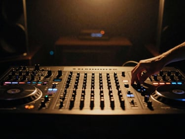 Low-key environmental portrait of a DJ adjusting a live studio soundboard, amber backlighting, deep shadows, 35mm film grain