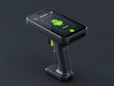 Isometric mockup of a rugged handheld scanner running a custom Android warehouse application, high-contrast dark UI, neon green status badges, sleek tech photography, 35mm