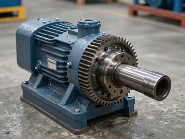 Direct close-up of a Flender industrial gearbox on a concrete workshop floor, gear housing and output shaft in sharp focus, even strobe lighting, serial plate visible on casing, industrial documentary style