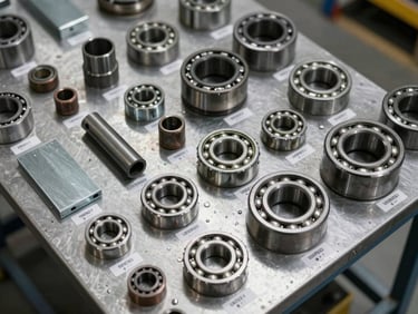 Overhead shot of organised industrial spare parts laid out on a steel workbench — bearings, coupling flanges, and steel plate sections, bright even studio lighting, clear labeling visible, no lifestyle staging