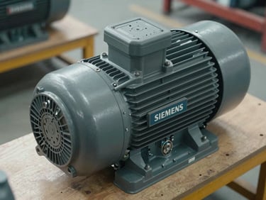 Close-up overhead shot of a Siemens Innomotics electric motor on a warehouse bench, motor housing and cooling fins in sharp focus, bright industrial daylight, no soft focus, documentary framing