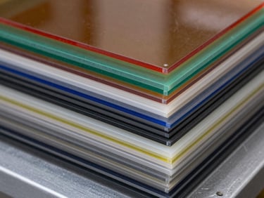 Macro shot of a stack of clear and colored acrylic sheets, showing their polished edges and slight translucency, industrial workshop background, sharp high-contrast studio light, crisp depth of field, 35mm.