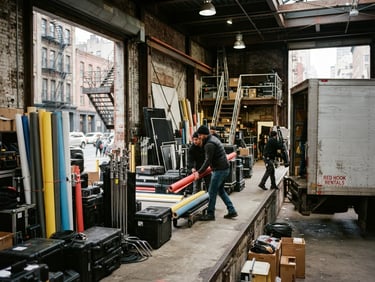 Wide-angle shot of a busy loading dock in an industrial Flatiron warehouse, stacked with seamless paper rolls and lighting equipment, sharp high-contrast studio light, rich saturated colors, crisp depth of field, 35mm