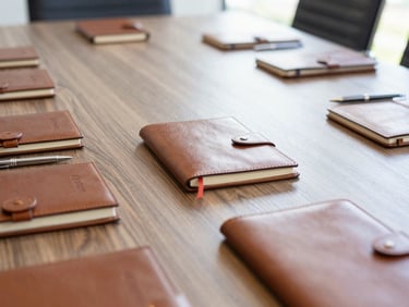 Close-up of premium custom embossed leather notebooks and metal pens arranged neatly on a conference table, soft natural side lighting, shallow depth of field