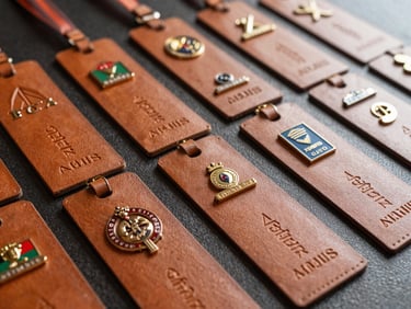 Close-up of premium embossed leather event badges and custom metal pins on a dark textured surface, sharp focus, dramatic lighting