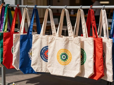 Vibrant custom-branded cotton tote bags and colorful lanyards hanging neatly in a row, bright natural daylight