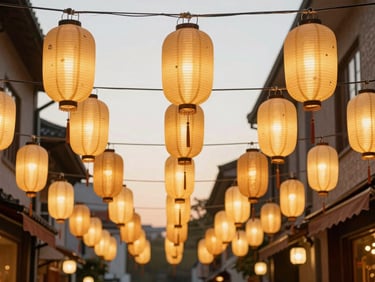 Charming seasonal celebration street, warm glowing custom paper lanterns suspended overhead, cozy golden hour atmosphere