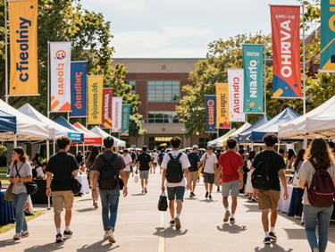 Vibrant outdoor campus festival, colorful custom banners fluttering, diverse students interacting in warm afternoon sunlight