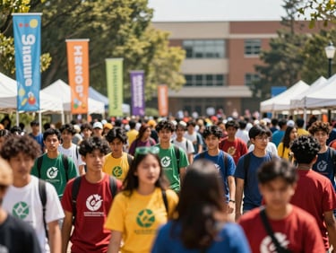Vibrant university campus festival, students wearing custom eco-friendly branded t-shirts, colorful banners, sunny day, depth of field