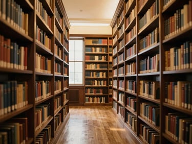 Wide environmental shot of a serene, empty law library with tall bookshelves, warm interior lighting, deep navy and golden tones, 35mm