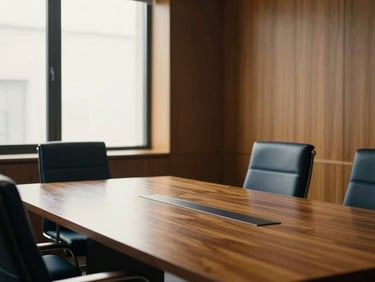 Elegant law office interior with warm wood and leather, focused on a discreet, modern conference table, soft window light, deep navy and golden tones, 35mm