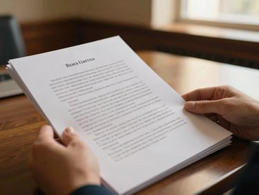 Close-up of a legal brief being reviewed, hands holding pages, warm desk light, deep navy and golden tones, 35mm