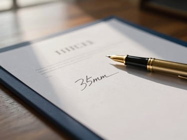 Close-up of a signed legal document on high-quality paper, subtle brushed gold pen, warm wood desk, soft window light, deep navy and golden tones, 35mm